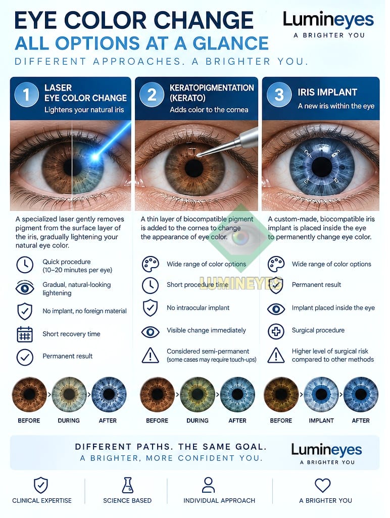 Eye Color Change Modalities and Anatomical Pathways Diagram illustrating three eye color change procedural pathways: non-incisional laser iris depigmentation, corneal keratopigmentation dye infusion, and surgical artificial iris implants with before and after results.