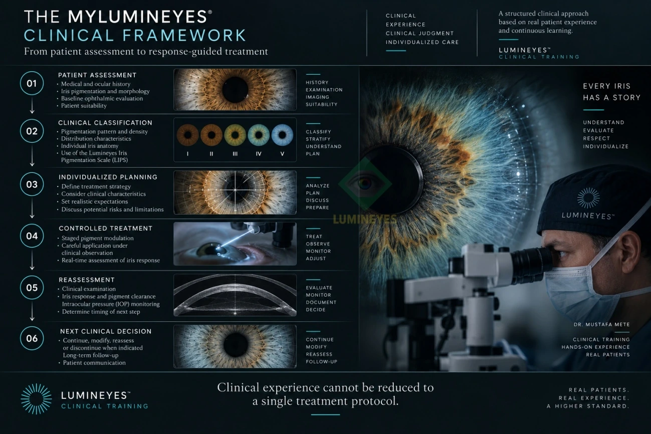 The MyLumineyes clinical framework for physician training, showing patient assessment, clinical classification, individualized planning, controlled treatment, reassessment and clinical decision-making