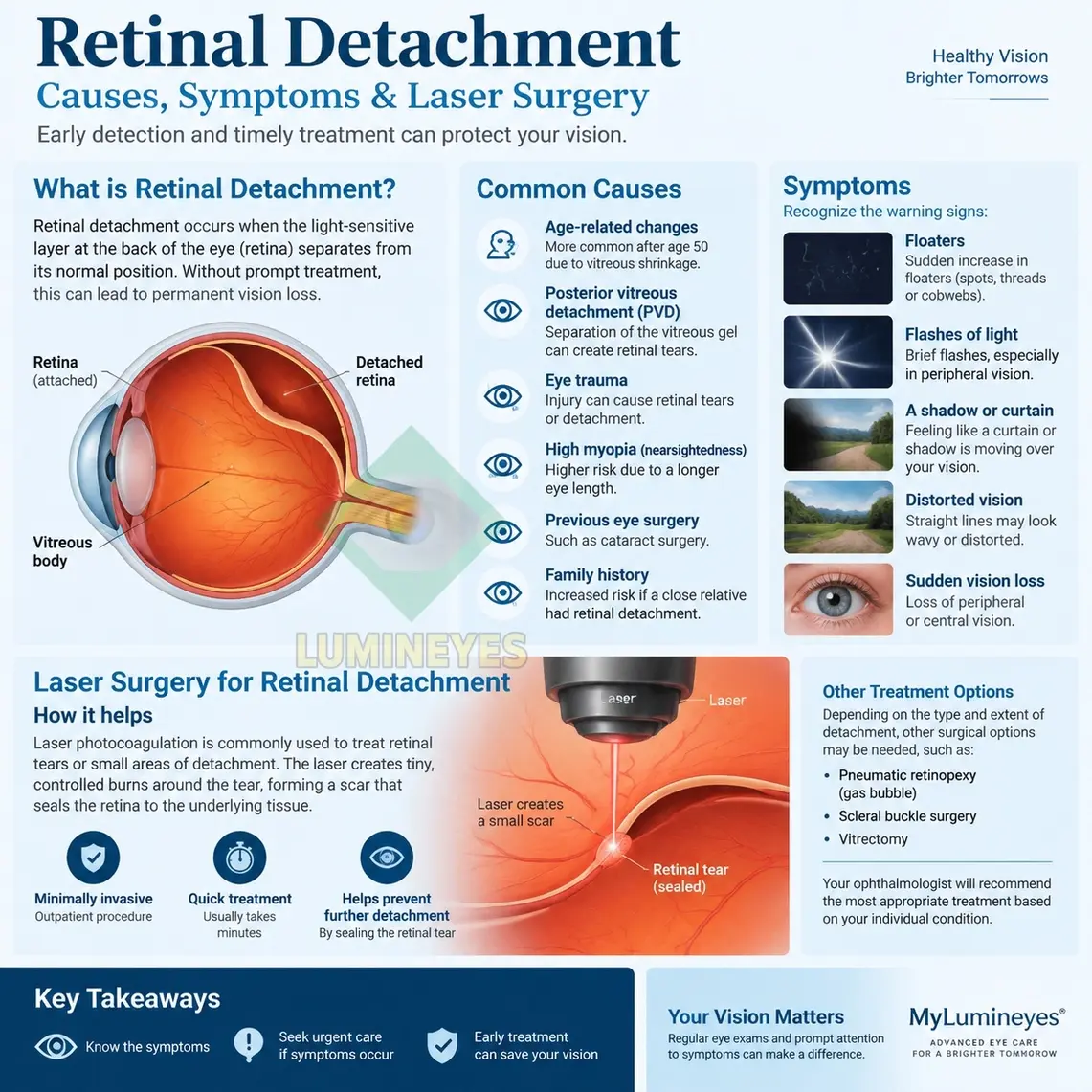 Retinal detachment causes, clinical symptoms, and laser surgery infographic overview by Dr. Mustafa Mete