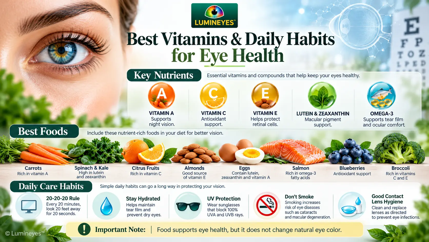 Lumineyes infographic: vitamin A, C and E, lutein and zeaxanthin, omega-3, nutrient-rich foods and everyday eye-care habits