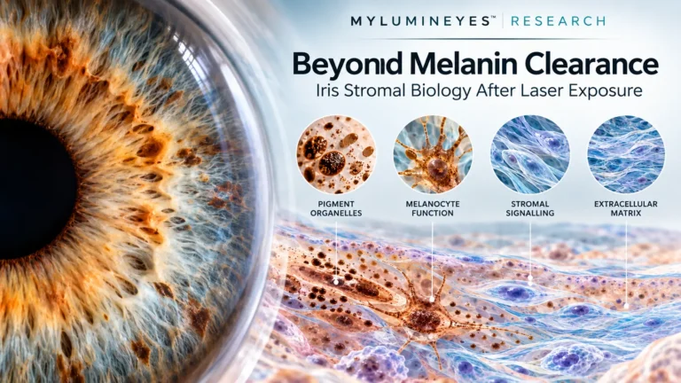 Scientific illustration of human iris stromal biology showing pigment organelles, melanocytes, stromal cell signalling, and extracellular matrix architecture.