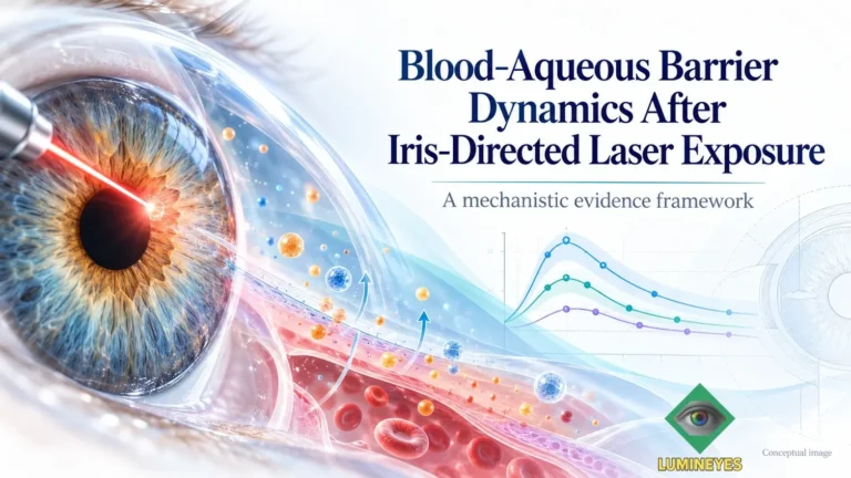Featured image illustrating blood-aqueous barrier dynamics after iris-directed laser exposure with iris laser interaction, anterior-segment anatomy, and longitudinal response curves.