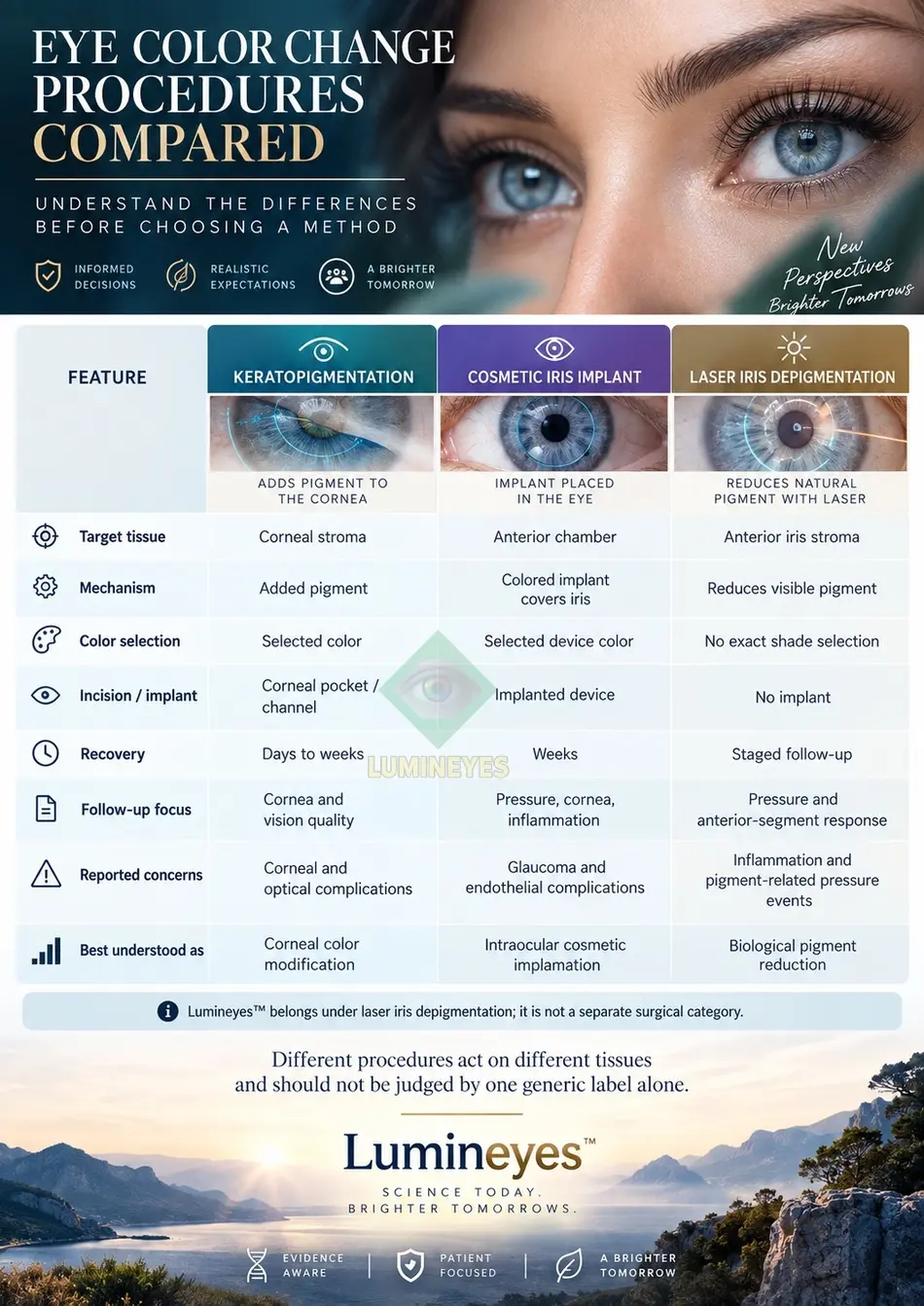 Eye color change surgery methods comparison: keratopigmentation, cosmetic iris implants and laser iris depigmentation