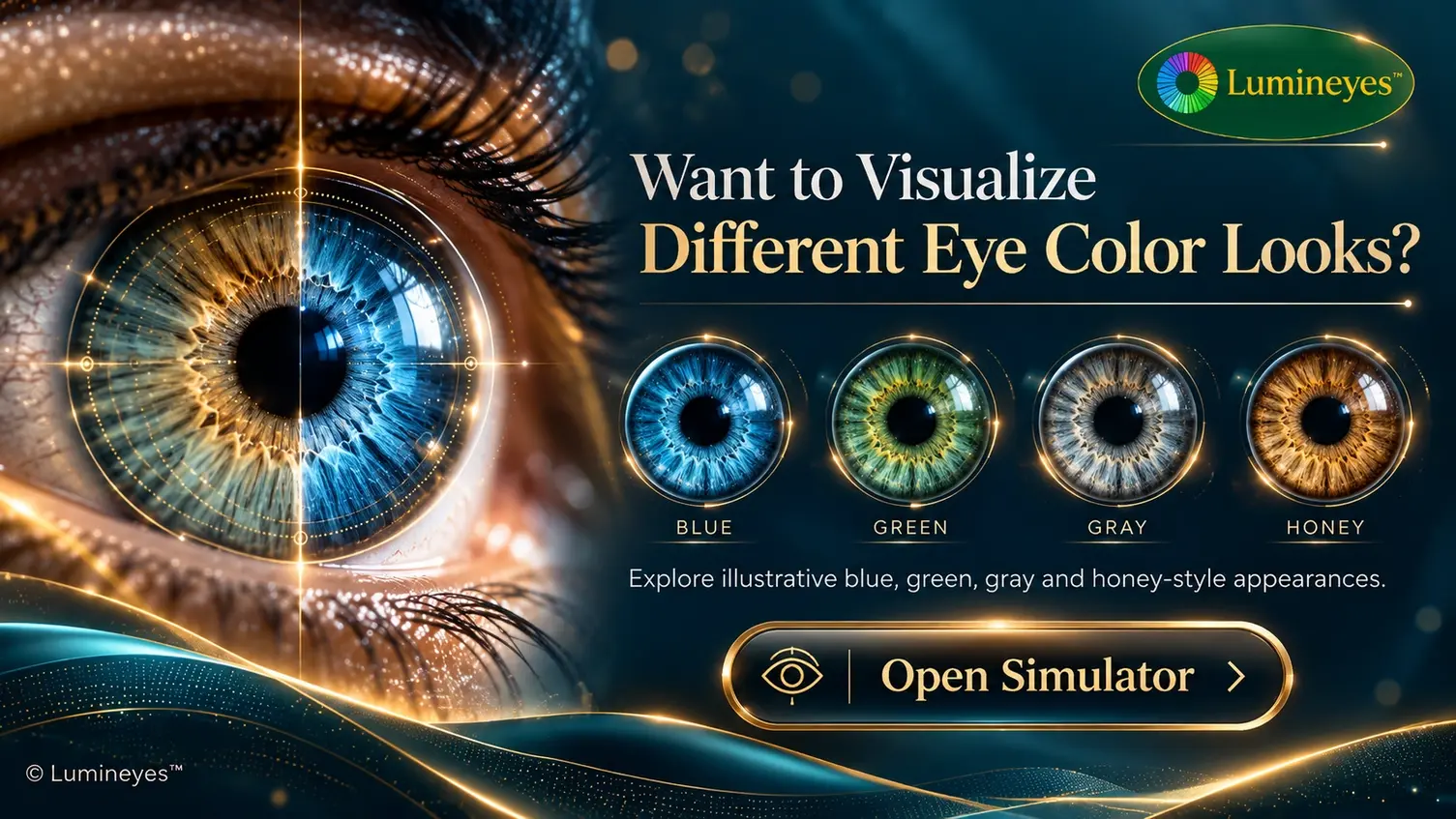 Lumineyes Eye Color Simulator with blue, green, gray and honey iris previews and Open Simulator call to action
