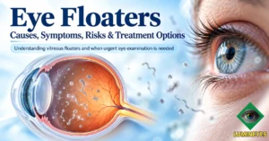 Eye floaters causes symptoms risks and treatment options with vitreous and retina illustration