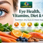 Close-up eye with healthy foods and vitamins for eye health, dry eyes, and vision support by Lumineyes
