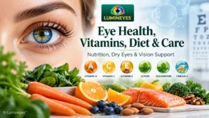 Close-up eye with healthy foods and vitamins for eye health, dry eyes, and vision support by Lumineyes