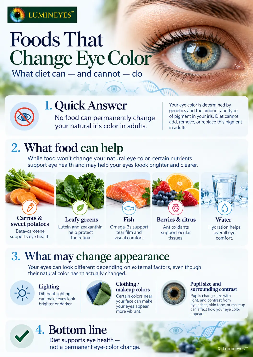 Lumineyes infographic: foods cannot permanently change natural iris color; carrots, leafy greens, fish, berries and hydration support eye health