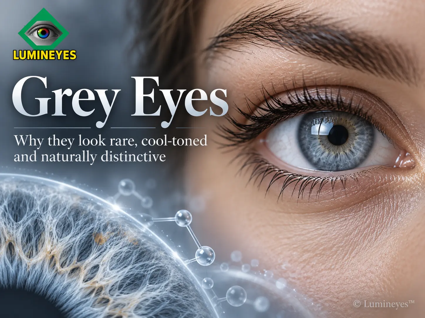Detailed natural grey eye with cool silver iris texture illustrating grey eye color, stromal light scattering and genetics