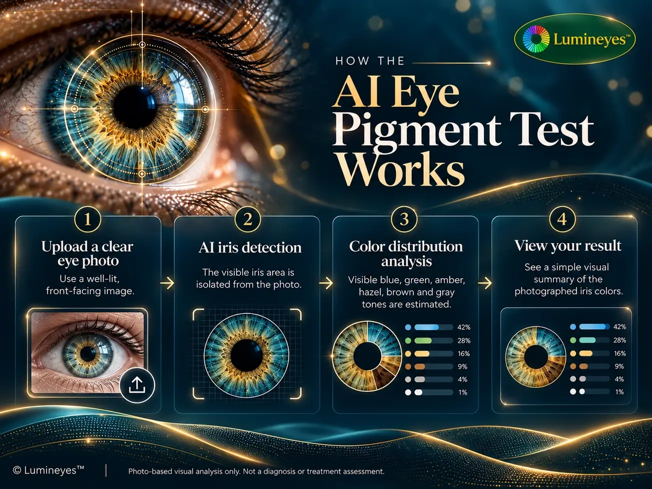 Four-step infographic of the Lumineyes iris analyzer: upload, detect iris, analyze color, view results