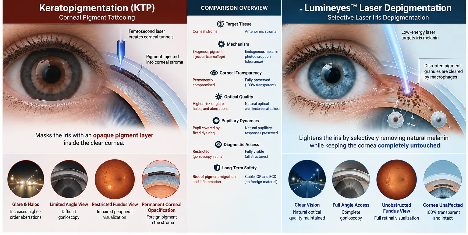 Clinical infographic comparing keratopigmentation and Lumineyes laser iris depigmentation by target tissue, mechanism, corneal transparency, optics and diagnostic access