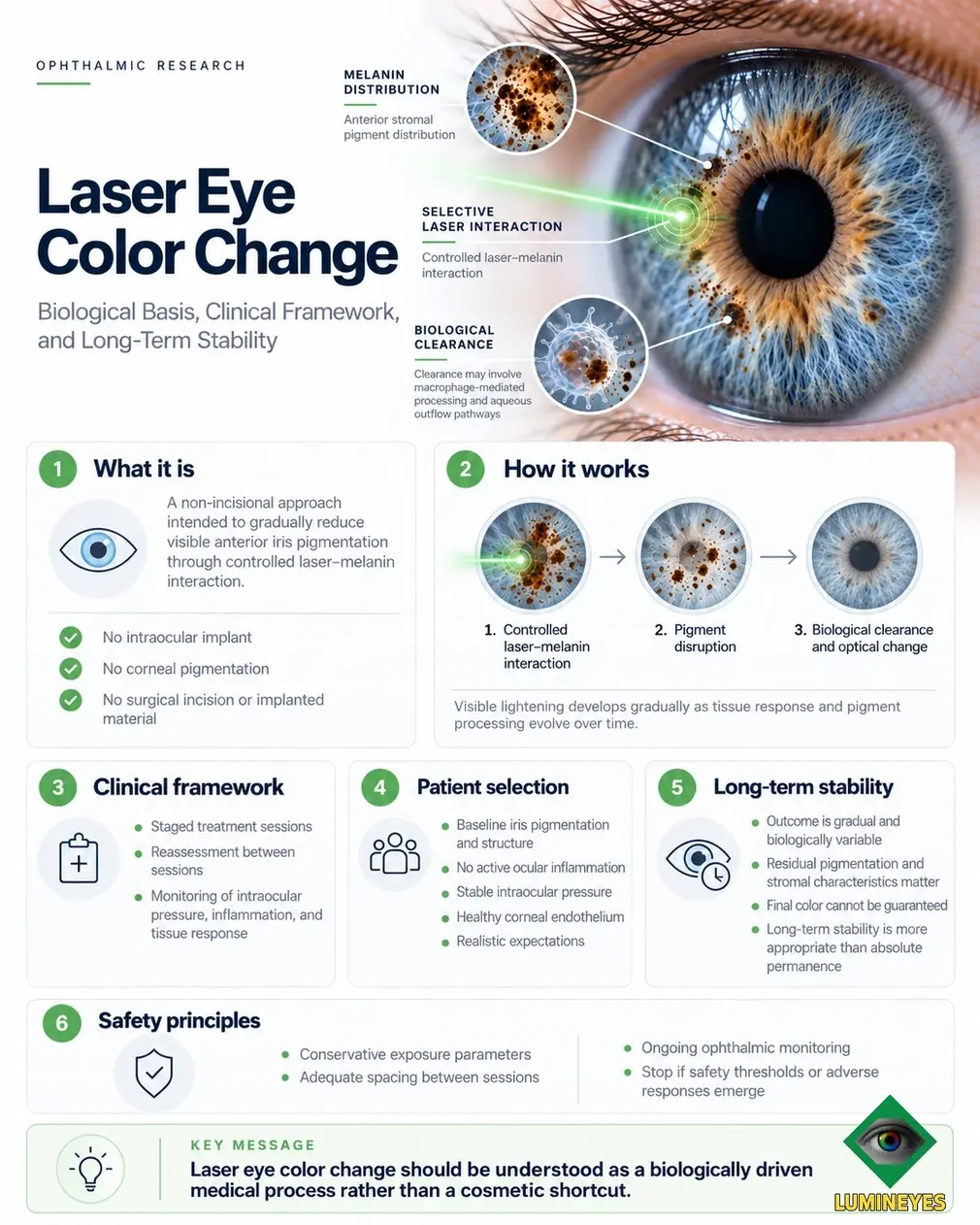Scientific infographic summarizing laser iris pigment modulation, biological response, clinical monitoring, and long-term optical stability.