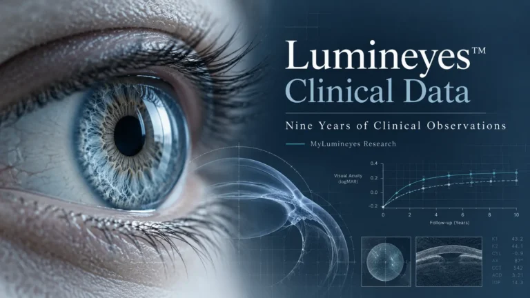 Lumineyes Clinical Data featured image showing a human iris and a scientific research design for nine years of clinical observations.