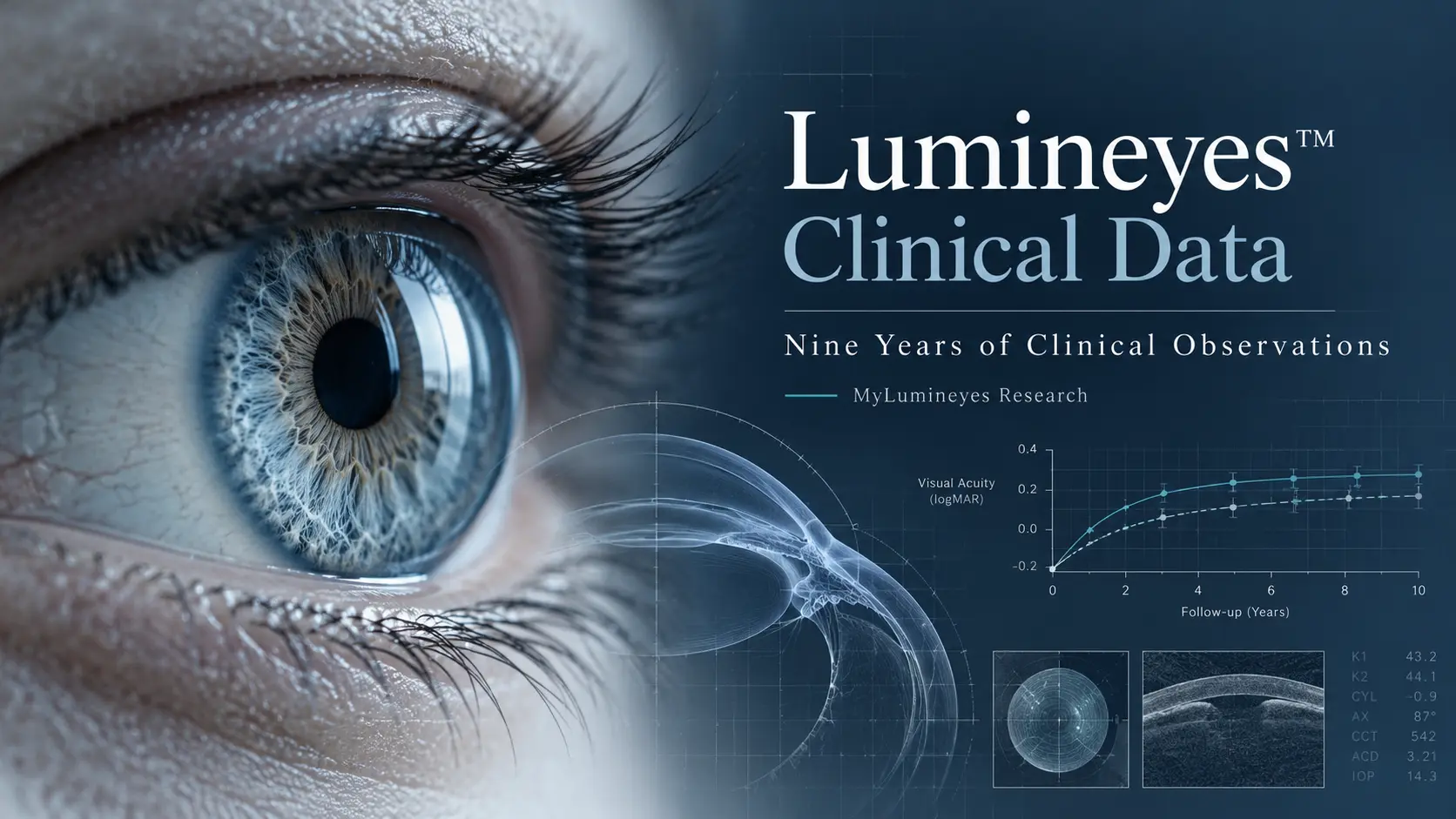 Lumineyes clinical data infographic summarizing retrospective longitudinal observations, reported adverse events, intraocular pressure observations, and follow-up after laser iris depigmentation.