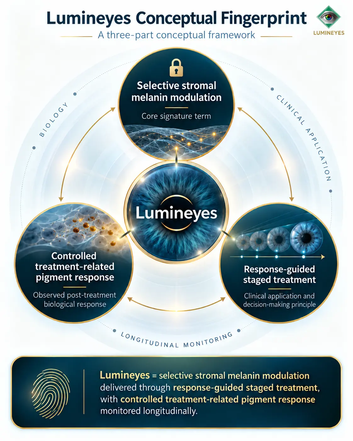 Lumineyes conceptual fingerprint connecting selective stromal melanin modulation, controlled treatment-related pigment response and response-guided staged treatment
