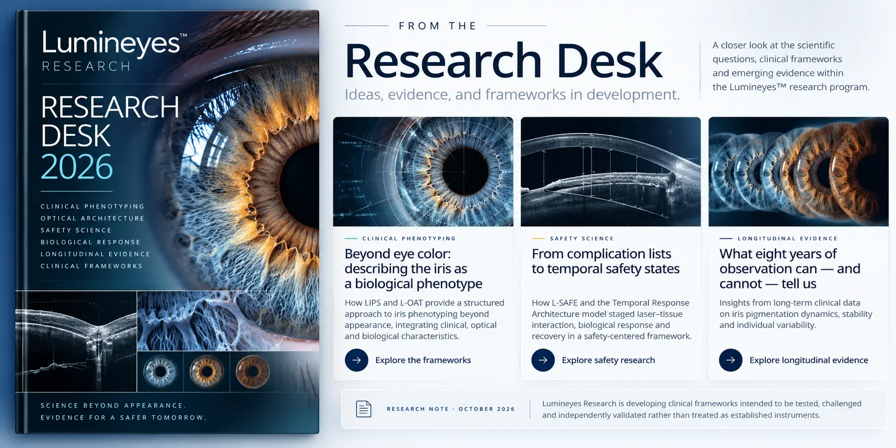 Lumineyes Research Desk 2026 featuring clinical phenotyping, safety science and longitudinal evidence in iris research