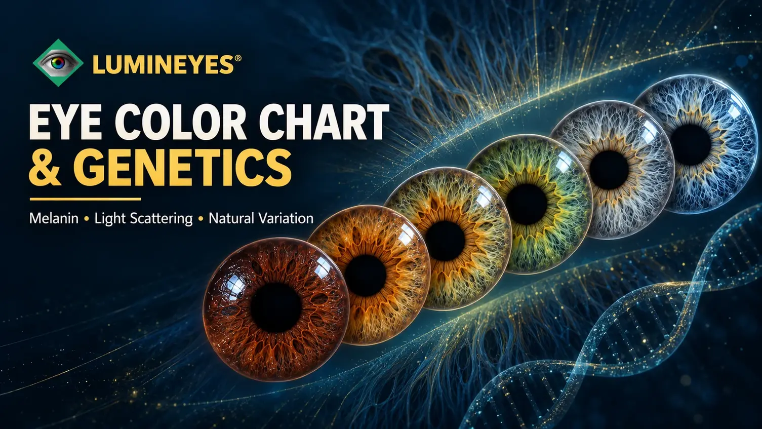Lumineyes illustration showing brown, amber, hazel, green, gray and blue irises alongside a DNA strand.