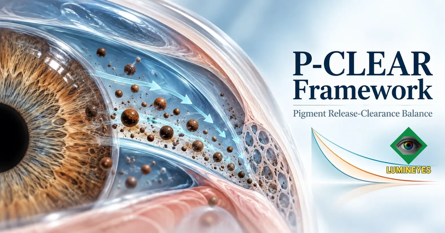P-CLEAR framework illustrating pigment release, anterior-segment clearance and longitudinal recovery after selective stromal melanin modulation