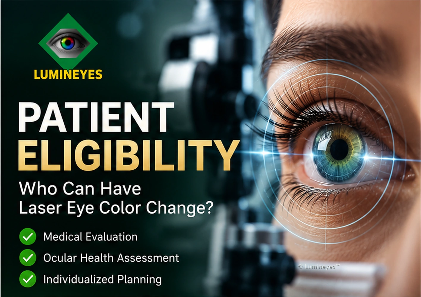 Lumineyes patient eligibility visual showing an eye examined through a clinical screening interface