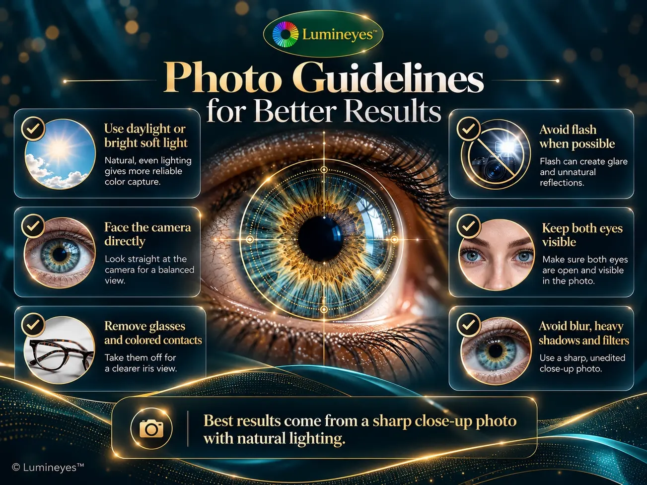 Lumineyes photo guide explaining natural light, no flash, both eyes visible and clear iris photography