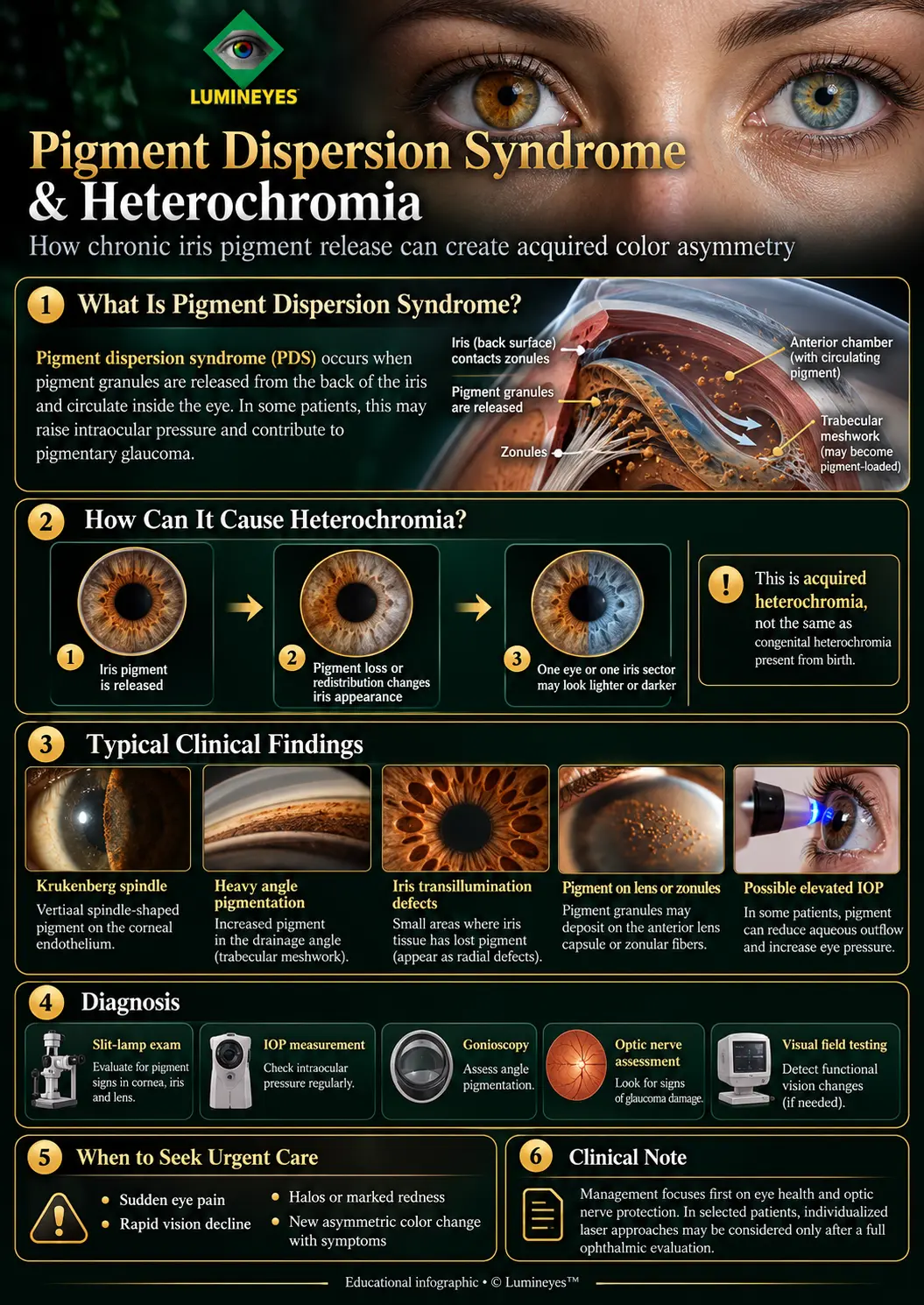 Infographic showing pigment dispersion mechanism, acquired heterochromia, clinical signs and eye examination