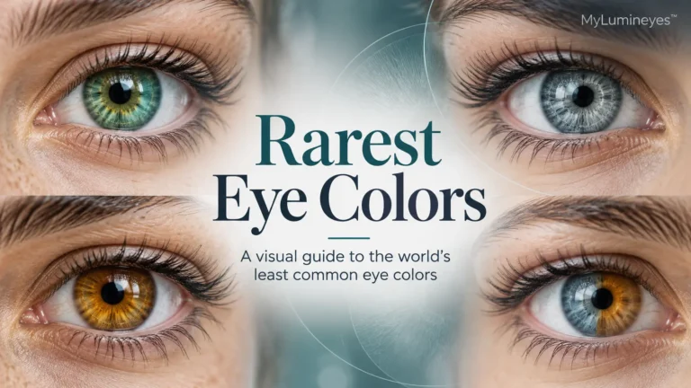 Rare natural eye colors illustrated with green, gray, amber, and sectoral heterochromia iris patterns.