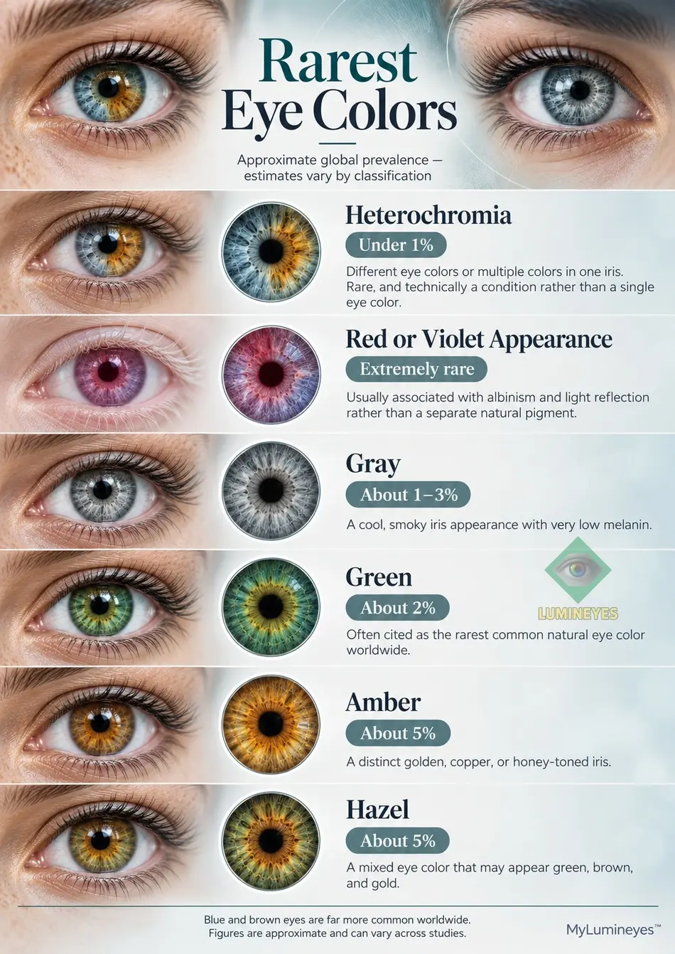 Infographic of rare iris appearances including green, gray, amber, hazel, heterochromia and red-violet appearances, with approximate prevalence labels