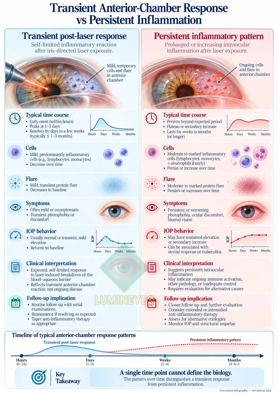 Scientific infographic comparing transient post-laser anterior-chamber response with persistent inflammatory activity over time.