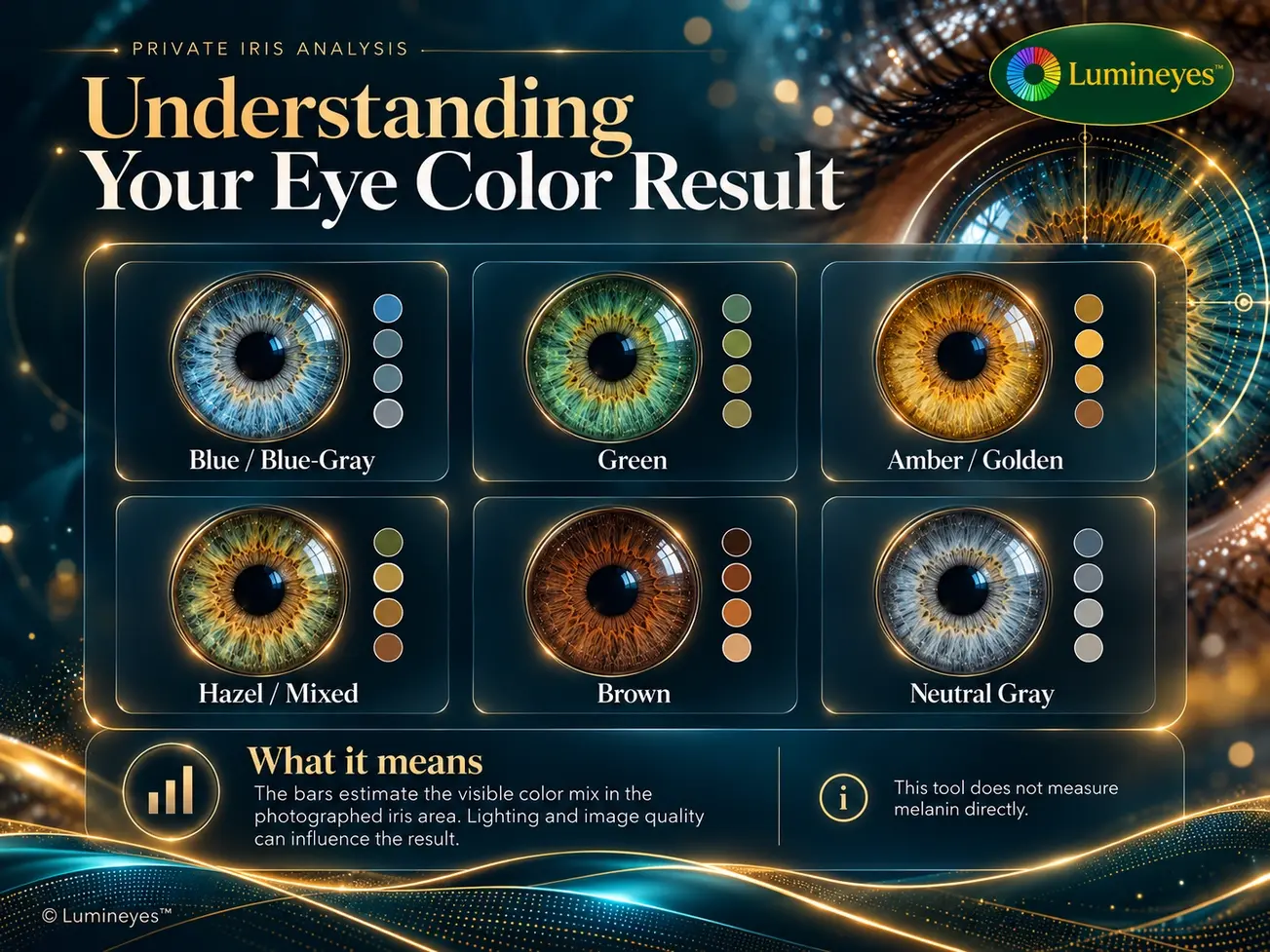 Infographic illustrating blue-gray, green, amber, hazel, brown and neutral gray iris appearances