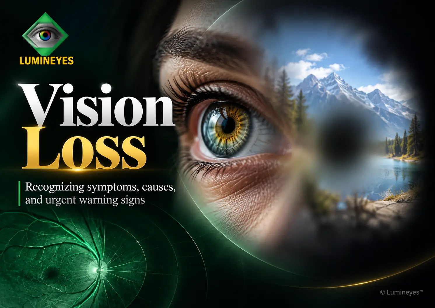 Vision loss symptoms and warning signs illustrated with an eye and blurred visual field – Lumineyes